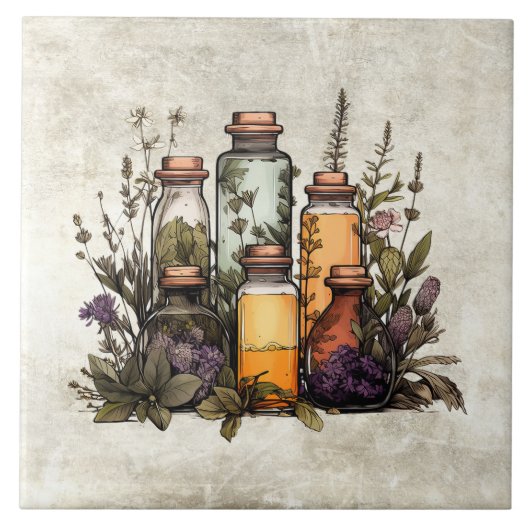 Rustic Herbs & Spices in Bottles Watercolors タイル (正面)