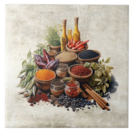 Rustic Herbs Spices in Watercolors タイル (正面)