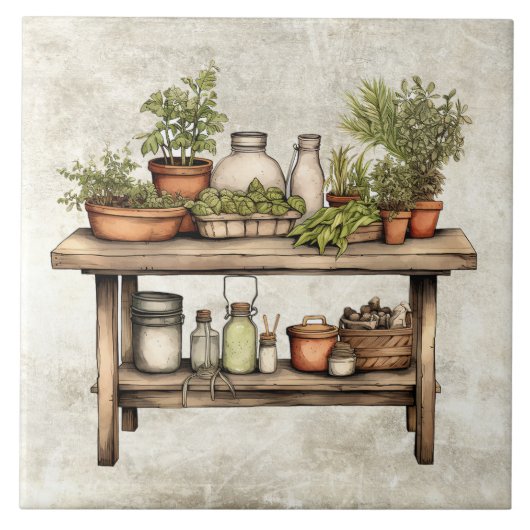 Rustic Herbs & Spices Wooden Stool Watercolors タイル (正面)