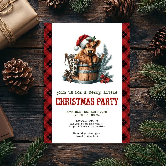 Rustic highland cow Christmas party invitation 招待状