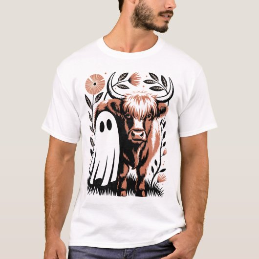 Rustic Highland Cow Ghost Halloween Tシャツ (正面)