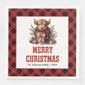 Rustic highland cow holiday napkins buffalo plaid  (正面)