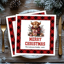 Rustic highland cow holiday napkins buffalo plaid