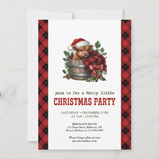 Rustic highland cow party invite holly and pine 招待状 (正面)