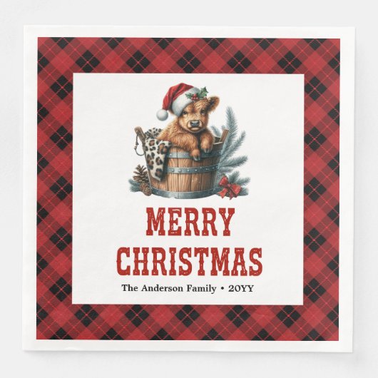 Rustic highland cow red black plaid Xmas napkin (正面)