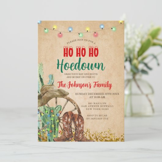 Rustic Hoedown Party Western Boots Christmas 招待状 (スタンド正面)