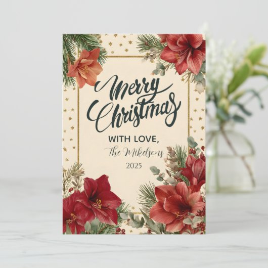 Rustic Holiday Greenery Merry Christmas シーズンカード (スタンド正面)