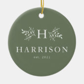 Rustic holiday monogram sage green newlywed photo セラミックオーナメント (正面)