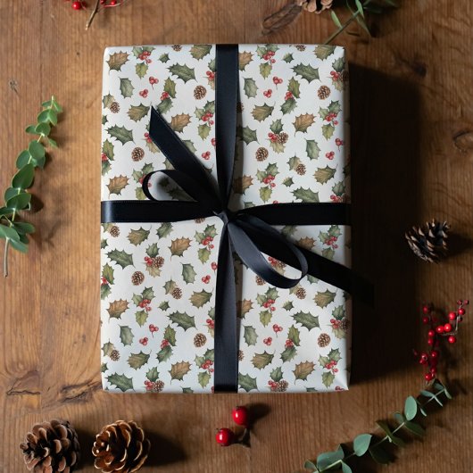 Rustic holly and pine Christmas  ラッピングペーパー