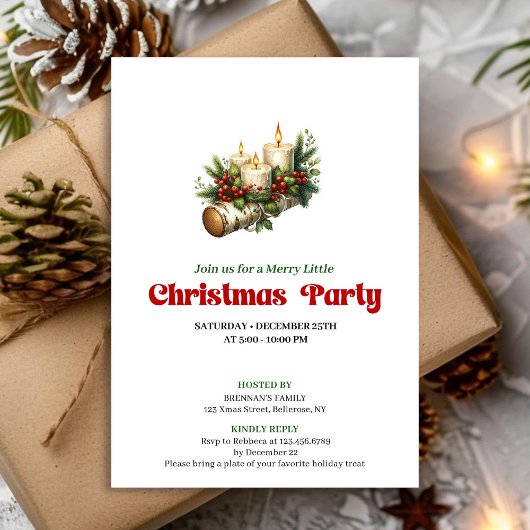 Rustic Holly Berry Candles Christmas Invite Custom 招待状
