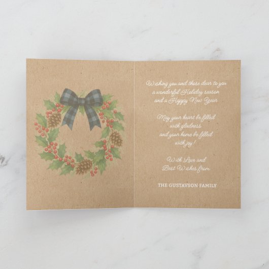 Rustic Holly Wreath Blue Black Checkered Bow シーズンカード (内部)