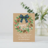 Rustic Holly Wreath Blue Black Checkered Bow シーズンポストカード (スタンド正面)