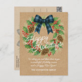 Rustic Holly Wreath Blue Black Checkered Bow シーズンポストカード (正面/裏面)