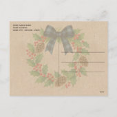 Rustic Holly Wreath Blue Black Checkered Bow シーズンポストカード (裏面)