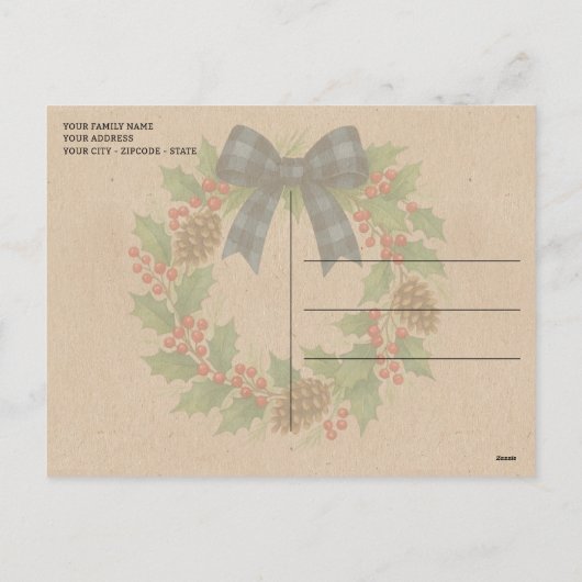Rustic Holly Wreath Blue Black Checkered Bow シーズンポストカード (裏面)