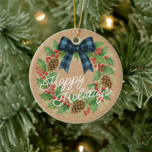 Rustic Holly Wreath Blue Black Checkered Bow セラミックオーナメント (ツリー)