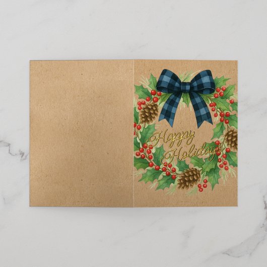 Rustic Holly Wreath Blue Black Checkered Bow 箔シーズンカード (外側レイダウン)
