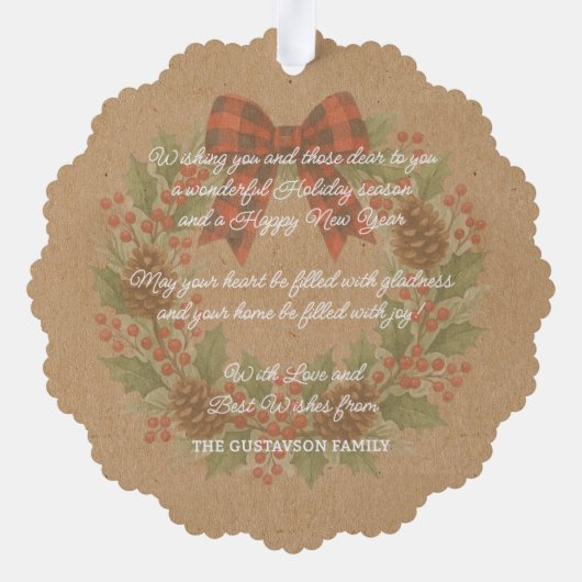 Rustic Holly Wreath Red Black Checkered Bow オーナメントカード (裏面)