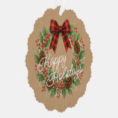 Rustic Holly Wreath Red Black Checkered Bow オーナメントカード (右)