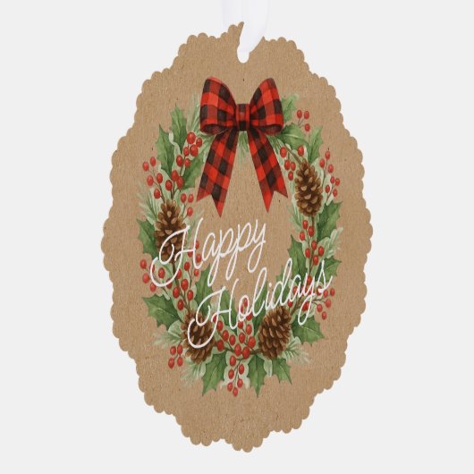 Rustic Holly Wreath Red Black Checkered Bow オーナメントカード (右)