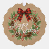 Rustic Holly Wreath Red Black Checkered Bow オーナメントカード (正面)