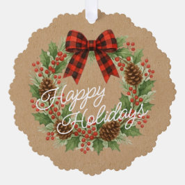 Rustic Holly Wreath Red Black Checkered Bow オーナメントカード