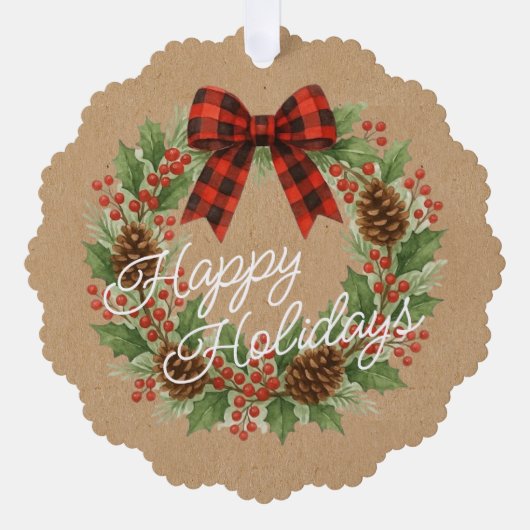 Rustic Holly Wreath Red Black Checkered Bow オーナメントカード (正面)