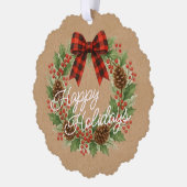 Rustic Holly Wreath Red Black Checkered Bow オーナメントカード (左)