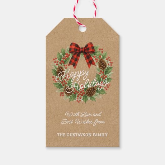 Rustic Holly Wreath Red Black Checkered Bow ギフトタグ (正面)