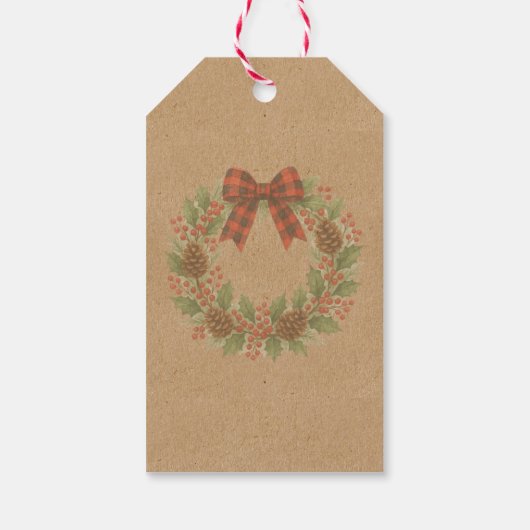 Rustic Holly Wreath Red Black Checkered Bow ギフトタグ (裏面)