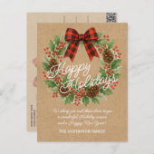 Rustic Holly Wreath Red Black Checkered Bow シーズンポストカード (正面/裏面)