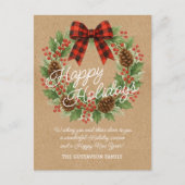 Rustic Holly Wreath Red Black Checkered Bow シーズンポストカード (正面)