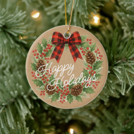 Rustic Holly Wreath Red Black Checkered Bow セラミックオーナメント