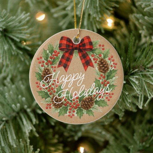 Rustic Holly Wreath Red Black Checkered Bow セラミックオーナメント (ツリー)