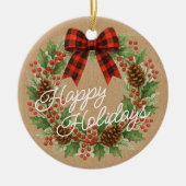Rustic Holly Wreath Red Black Checkered Bow セラミックオーナメント (正面)