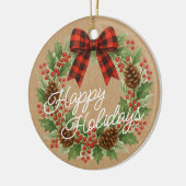 Rustic Holly Wreath Red Black Checkered Bow セラミックオーナメント (左)