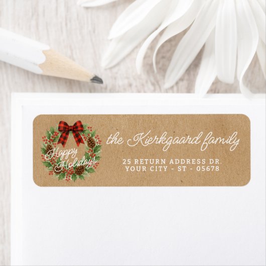 Rustic Holly Wreath Red Black Checkered Bow ラベル (インサイチュ)