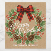 Rustic Holly Wreath Red Black Checkered Bow ワインラベル (シングルラベル)