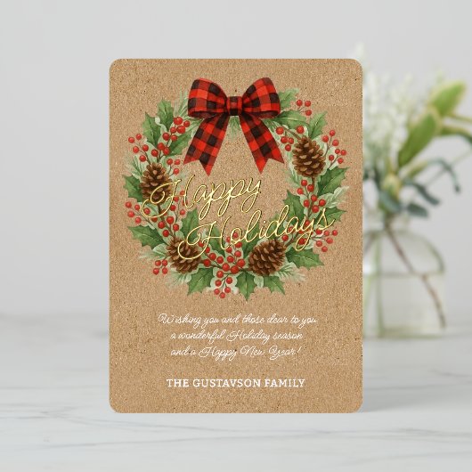 Rustic Holly Wreath Red Black Checkered Bow Gold 箔シーズンカード (立ち正面)