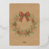 Rustic Holly Wreath Red Black Checkered Bow Gold 箔シーズンカード (裏面)