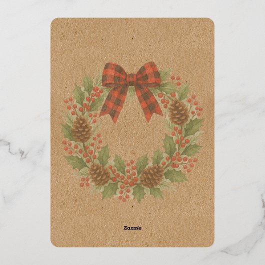 Rustic Holly Wreath Red Black Checkered Bow Gold 箔シーズンカード (裏面)