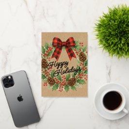 Rustic Holly Wreath Red Black Checkered Bow Gold 箔シーズンカード