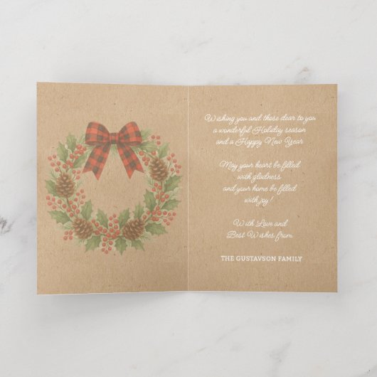 Rustic Holly Wreath Red Black Checkered Bow Gold 箔シーズンカード (内側レイダウン)