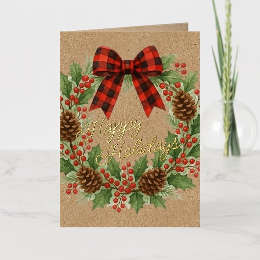Rustic Holly Wreath Red Black Checkered Bow Gold 箔シーズンカード (正面)