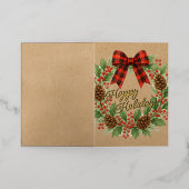 Rustic Holly Wreath Red Black Checkered Bow Gold 箔シーズンカード (外側レイダウン)