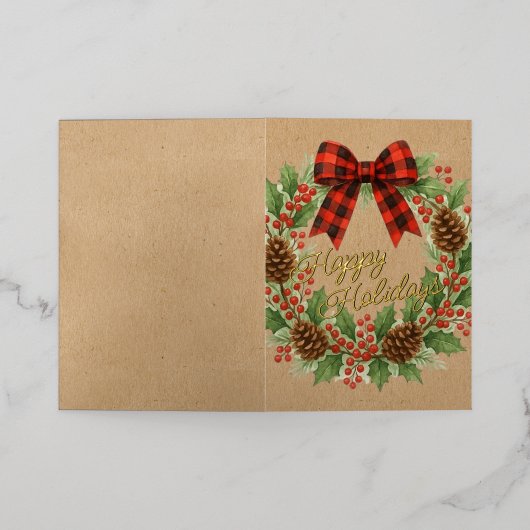 Rustic Holly Wreath Red Black Checkered Bow Gold 箔シーズンカード (外側レイダウン)