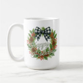 Rustic Holly Wreath White Black Checkered Bow コーヒーマグカップ (左)
