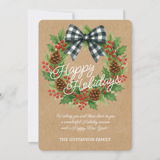 Rustic Holly Wreath White Black Checkered Bow シーズンカード (正面)
