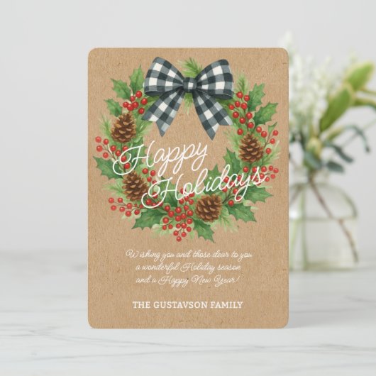 Rustic Holly Wreath White Black Checkered Bow シーズンカード (スタンド正面)