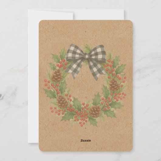 Rustic Holly Wreath White Black Checkered Bow シーズンカード (裏面)